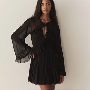 NWT Doen Clarisse Silk Ruffle Flowy Sheer Long Sleeve Mini Dress Black